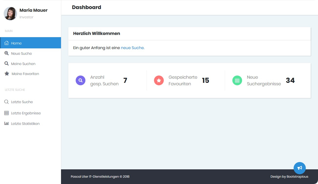 ImmoMetrica Dashboard mit Suche und Benachrichtigungen